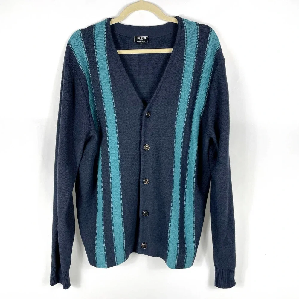 SOLD-NEW Todd Snyder Navy Blue Cardigan Sweater Vertical Stripe Button Front - Picture 2 of 8